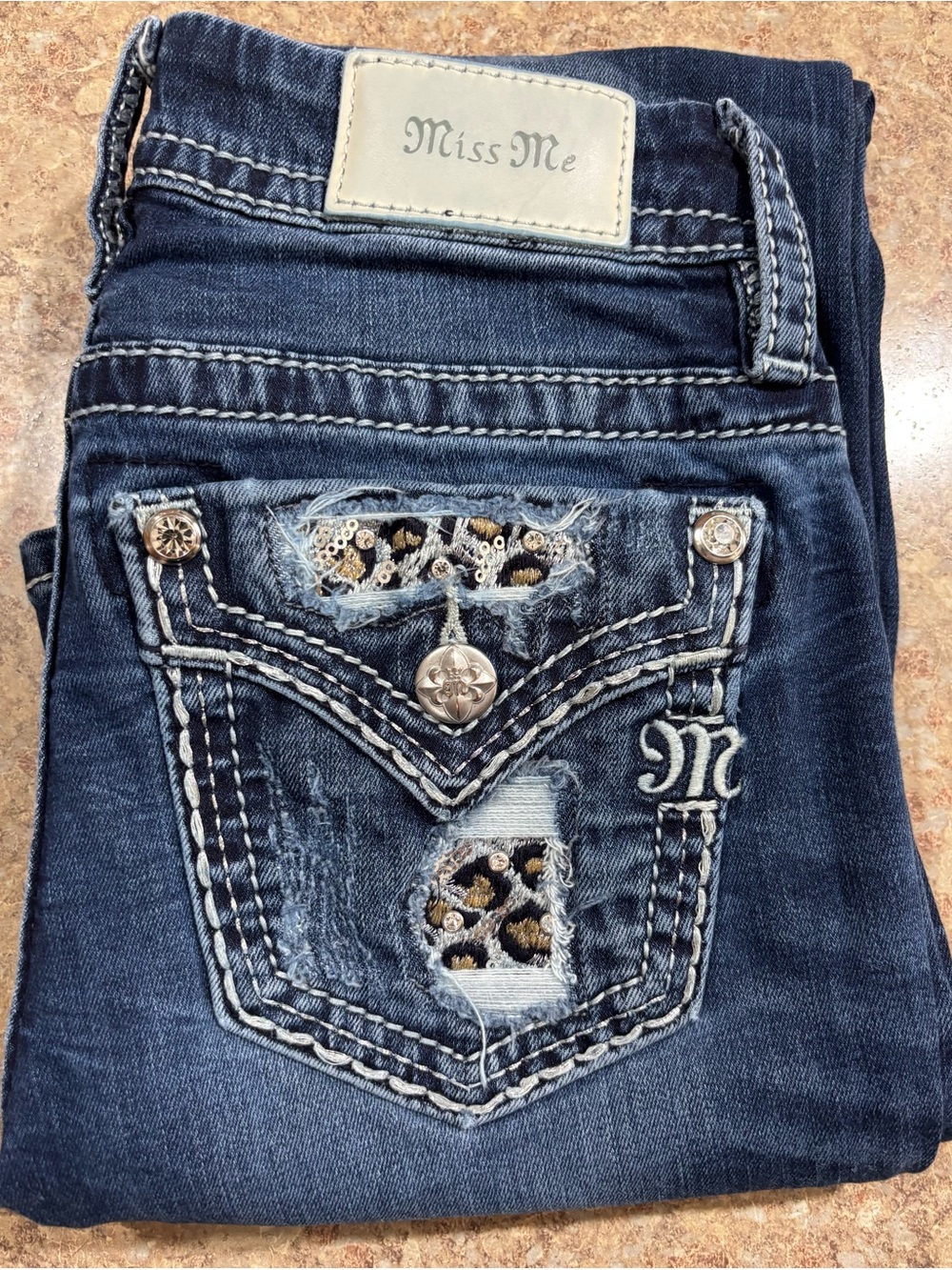 Miss Me Dark Blue Bootcut Jeans with Embroidered Leopard Pocket